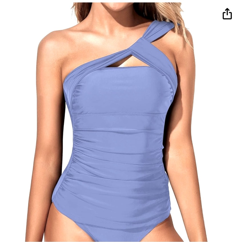 Tempt Me Tankini Ruched Bathing Suits Asymmetrical Swim Top Tummy Control NWT L